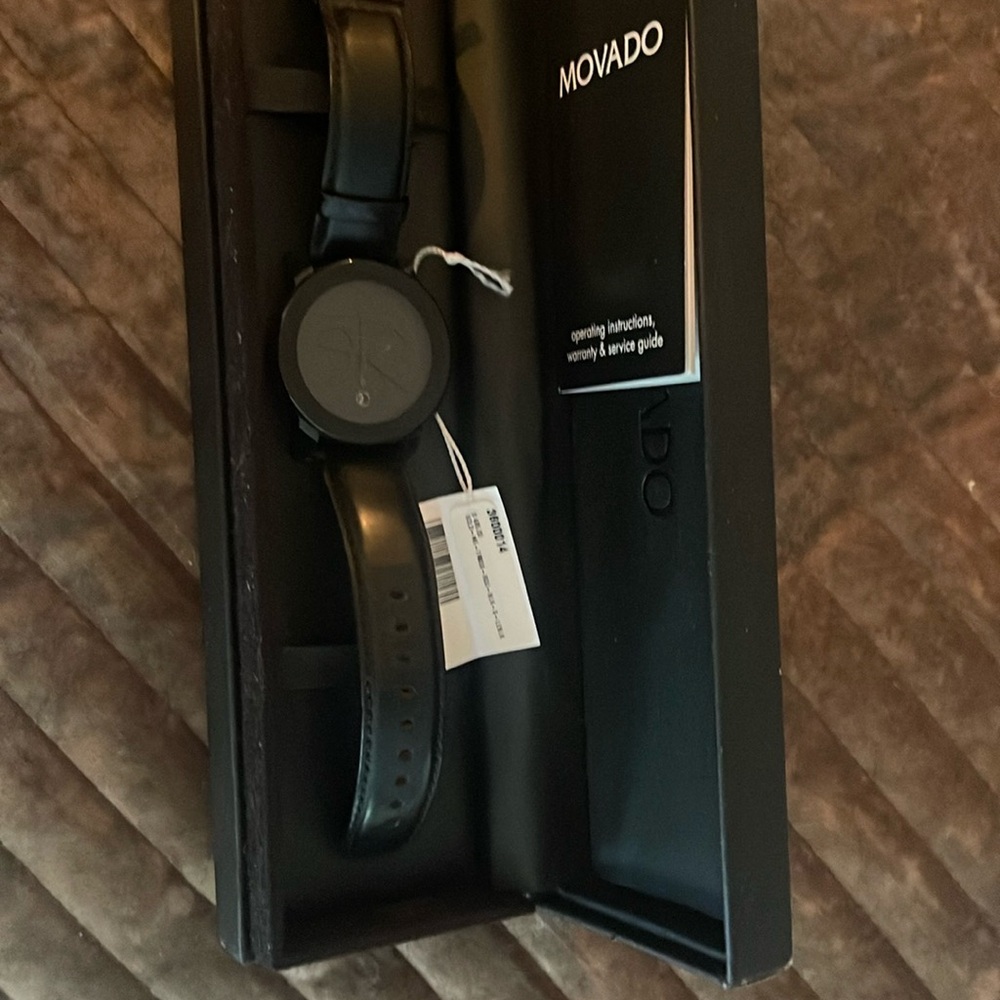 Movado Black Leather Strap Watch
